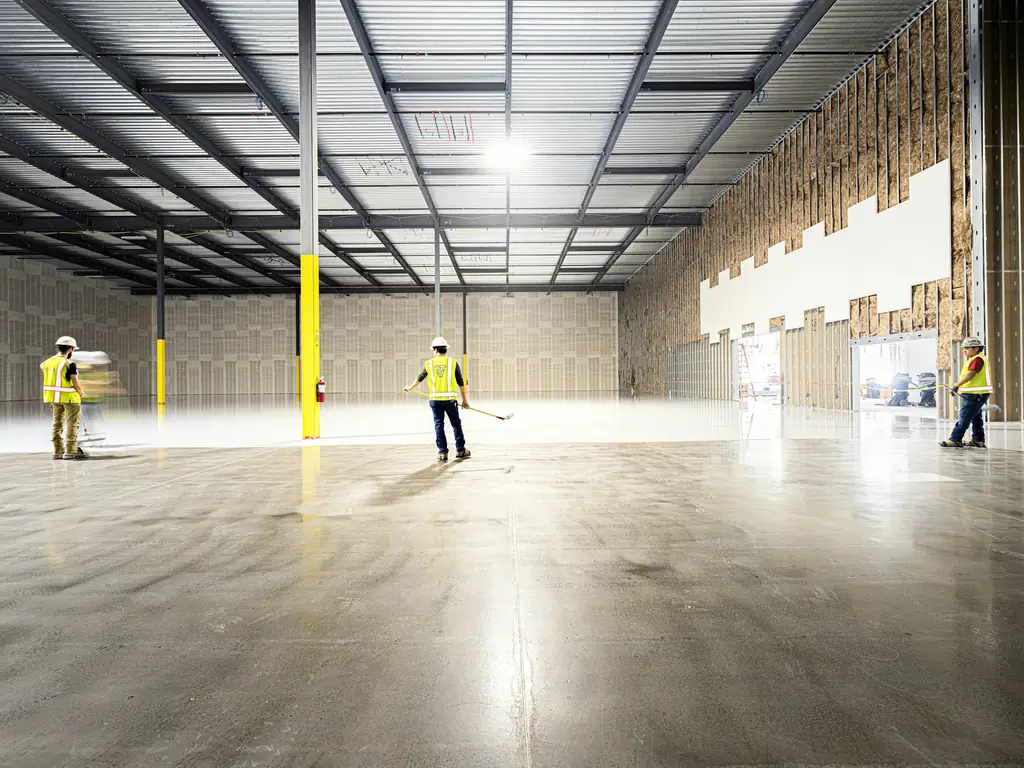 Workers in high visibility vests and hard hats inside a large, empty industrial building with a polished concrete floor