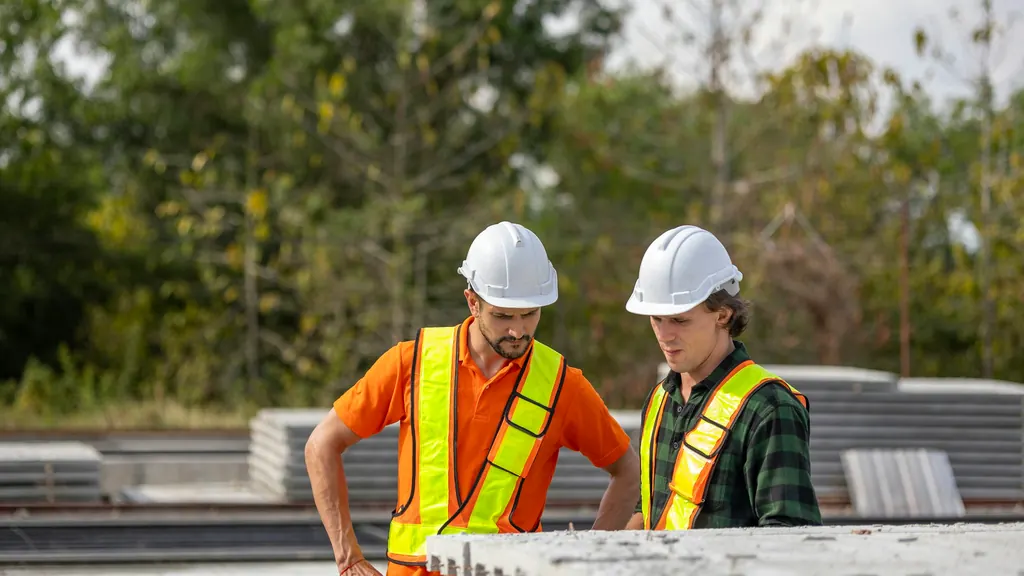 Two workers in white hard hats and high visibility vests looking over precast concrete panels in a yard